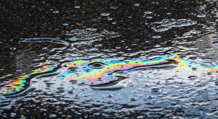 Naklejka premium Puddle on pavement shows rainbow sheen from oil or fuel spill