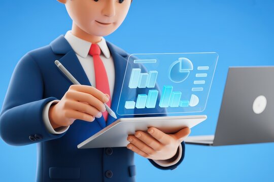 Business professional analyzing financial data on a futuristic tablet and laptop