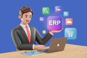 Businessman using ERP system on laptop with cloud icons