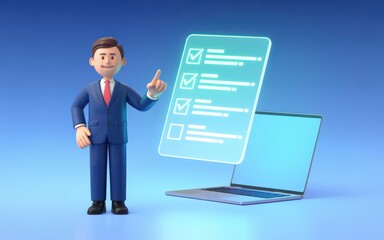 Business professional pointing at digital checklist on laptop screen