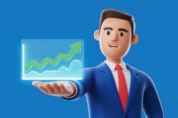 3D businessman holding a glowing graph displaying positive growth and upward trend