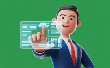 3D character touching a futuristic holographic interface with a green screen background