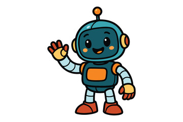 Friendly cartoon robot waving hello with a cheerful expression and bright orange accents
