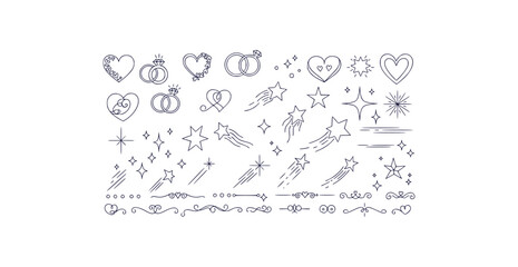 Elegant hand drawn wedding planner design elements featuring rings hearts stars and sparkles in black and white line art