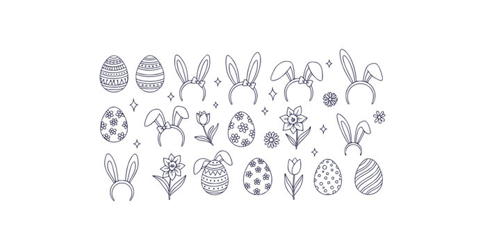 Charming easter doodle elements featuring a bunny egg basket and flowers with sparkles on a white background