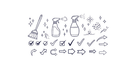 Hand drawn doodle icons for home organization cleaning and task completion with checkmarks and arrows
