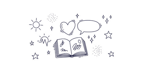 Collection of hand drawn black line vector doodles representing mental wellness therapy and positive emotions