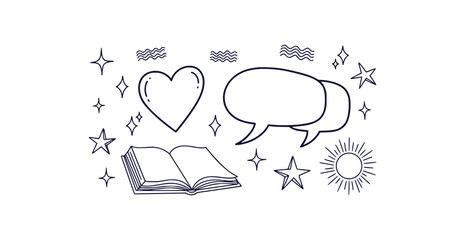 Hand drawn black line vector doodles of therapy symbols including a heart open book speech bubble sun and stars for mental wellness