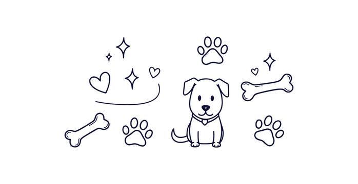Charming hand drawn pet design clipart featuring paw prints bones and hearts on a clean white background