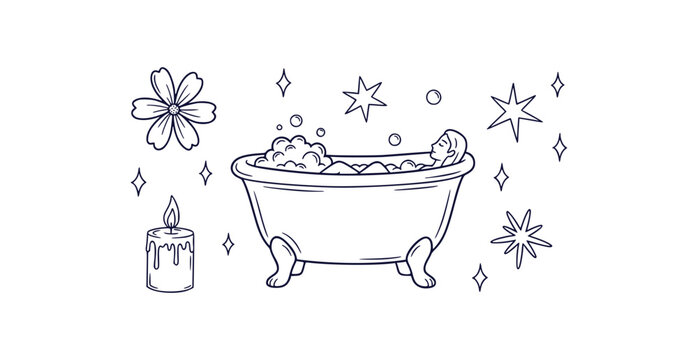 Charming hand drawn line art doodles of self care elements for relaxation and well being