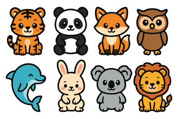 Obraz premium Collection of adorable cartoon animals including a tiger panda fox owl dolphin rabbit koala and lion
