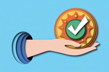 Hand offering a golden coin with a checkmark inside, symbolizing success or approval