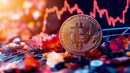 This video showcases a Bitcoin cryptocurrency resting on colorful autumn leaves. The scene emphasizes the blend of seasonal beauty and financial trends. Generative AI - Powered by Adobe