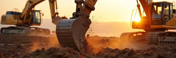 Excavator construction site with heavy machinery working during golden hour. Excavator bucket moves dirt with its mechanical arm, while other equipment works in background.