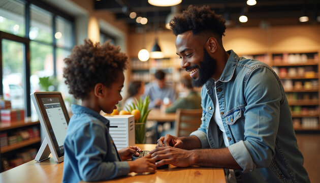 Father and child enjoying quality time reading together at library, father and child connecting over books in relaxed setting. Engaging father and child in literary exploration,