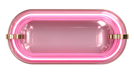 Futuristic neon pink mirror with glowing LED edge and glossy finish, modern vanity lighting design for beauty studio mockup, isolated on white background 
