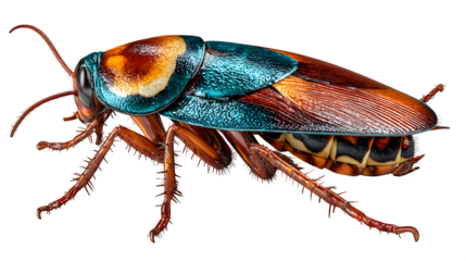 3D macro close-up of cockroach with shiny texture and detailed anatomy, high-quality insect visualization for science or pest control illustration, isolated on white background