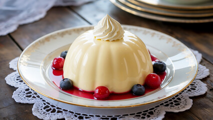 A photograph of an elegant Bavarian cream dessert presented on a fine porcelain plate with delicate gold trim. The bavarois has a perfect dome shape with a silky, pale ivory surface that gleams subtly
