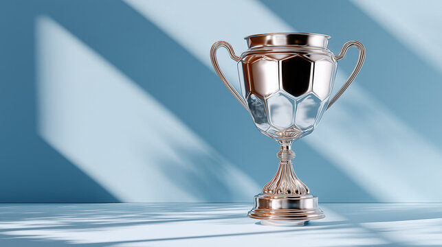 Silver soccer tournament trophy cup on bright blue backdrop
