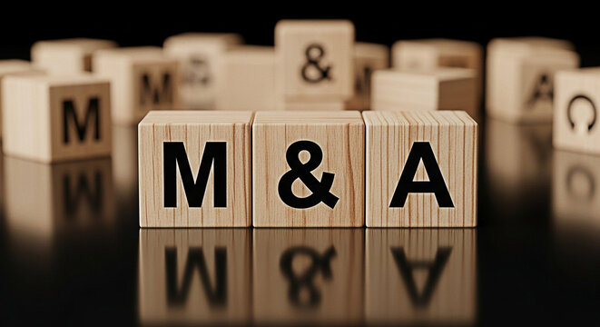 Wooden blocks spell out m&a mergers and acquisitions on a reflective surface representing business strategy and financial transactions