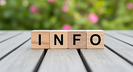 Wooden blocks spelling "info" on a gray wooden surface with a blurred green and pink background create a simple and informative concept