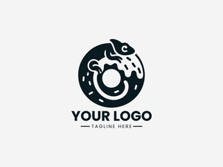 Stylish chameleon forming a donut in a clean black vector logo design illustration