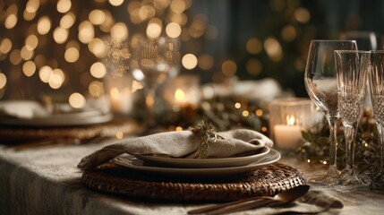 A warmly lit festive dinner table setting with candles, glassware, and elegant place settings under soft bokeh lights.