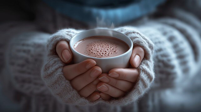 Hands holding a warm mug of hot cocoa, cozy winter scene