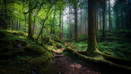 Fototapeta premium Dark Green Forest Landscape Outdoor Exploration Of Nature
