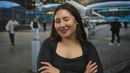 Young hispanic woman crossing arms and winking at a busy airport terminal under overhead canopy; confidence.