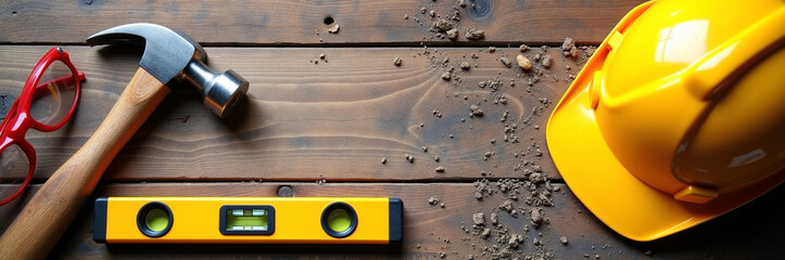 Construction tools display on wooden surface, featuring hammer, level, and yellow hard hat. Construction tools composition includes glasses and spilled building materials on rustic wood.