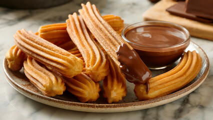 A close-up photograph of golden-brown churros arranged on a rustic ceramic plate, their ridged surfaces glistening with a light dusting of cinnamon sugar. The freshly fried choux pastries are perfectl