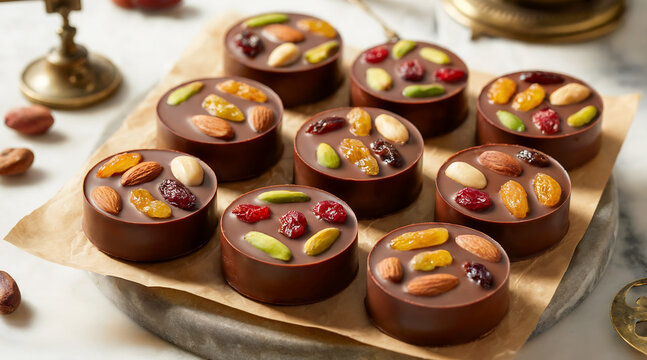 A photograph of traditional French mendiant chocolates arranged elegantly on a marble surface, showcasing their artisanal craftsmanship. Each circular chocolate medallion is topped with a carefully pl