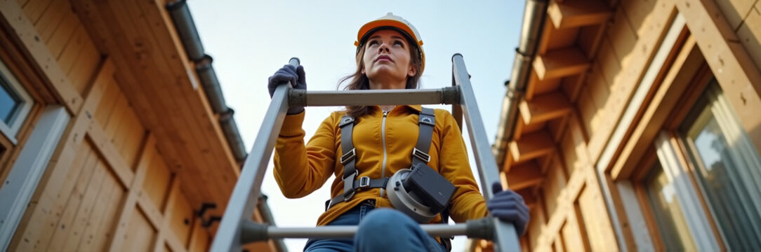 Woman climbing ladder working on timber frame house with safety harness. Woman climbing ladder to new construction with protective gear, ready to work, and looking up to the sky. - Powered by Adobe
