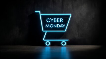 Bright neon shopping cart sign promoting Cyber Monday sale in a dark setting