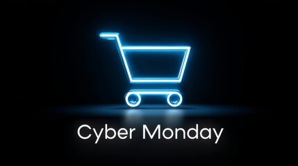 Bright neon shopping cart symbolizing online sales for Cyber Monday in a dark background