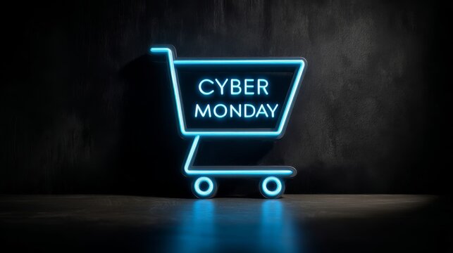 Bright neon shopping cart sign promoting Cyber Monday sale in a dark setting - Powered by Adobe