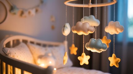 Children's mobile with clouds and stars.