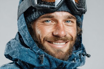 Smiling man wearing warm blue jacket, windbreaker, ski goggles and hat, snowboard isolated on background.