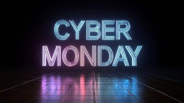 Bright neon Cyber Monday sign glowing against a dark background with reflections on the floor