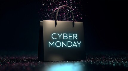 Shoppers prepare for online deals on Cyber Monday with glowing shopping bags and vibrant digital effects