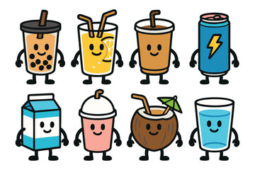 Collection of cute kawaii cartoon drinks with happy faces enjoying a refreshing beverage
