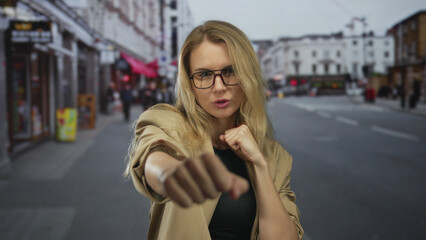 Confident blonde woman in glasses strikes a playful fighting pose on a bustling city street,...