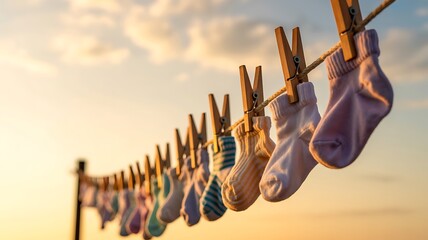 Clothespin on a rope drying laundry in a natural outdoor setting with trees and sky