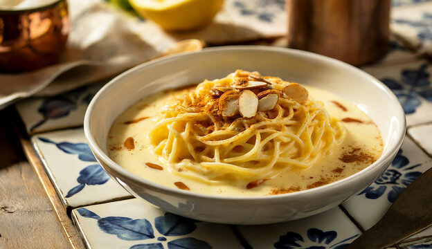 A close-up photograph of a traditional Portuguese Aletria dessert elegantly plated in a white ceramic bowl. The creamy custard-like dessert features delicate angel hair pasta strands glistening with a