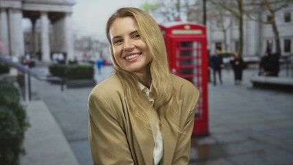 Woman smiling outdoors on a city street with a british red telephone booth and historical...