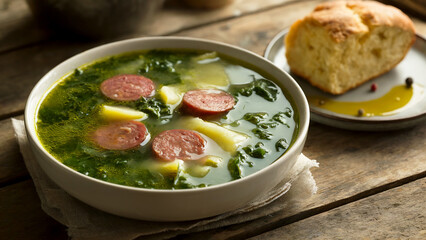 A rustic photograph of a steaming bowl of Caldo Verde, Portugal's traditional kale soup, served in a white ceramic bowl on a weathered wooden table. The vibrant green soup is filled with tender strips
