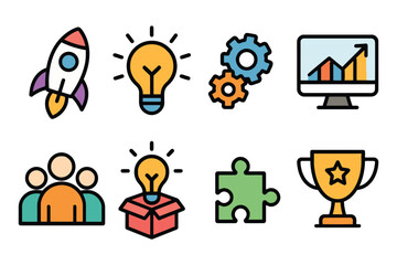 Collection of colorful icons representing business growth innovation and teamwork concepts