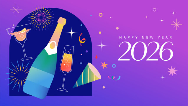 Happy New Year 2026 background with champagne and fireworks
