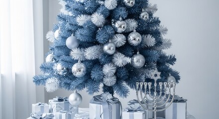Bluetoned scene decorated tree menorah wrapped gifts  bright interior